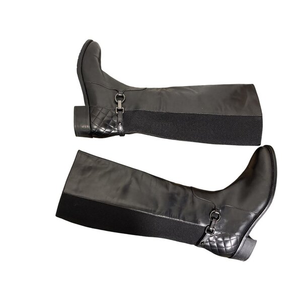 Aquatalia Oralie Equestrian Knee High Boot 8 Black Leather Side Zip Quilted - Picture 3 of 15